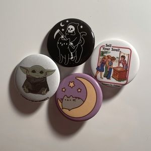 4 round pin back button bundle ft pusheen, sell your soul, grogu, and the reaper